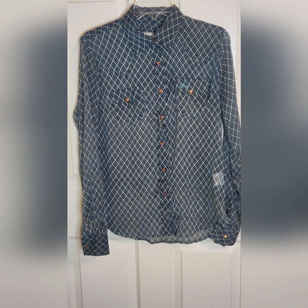 Outback Trading Co M BlueGreen GeometricPrint Lslv Pockets SnapFront Women Shirt